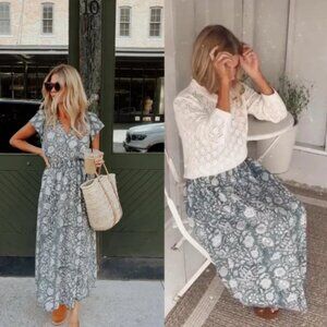 Marea Grace Blockprint Midi Skirt (Blue Floral)
